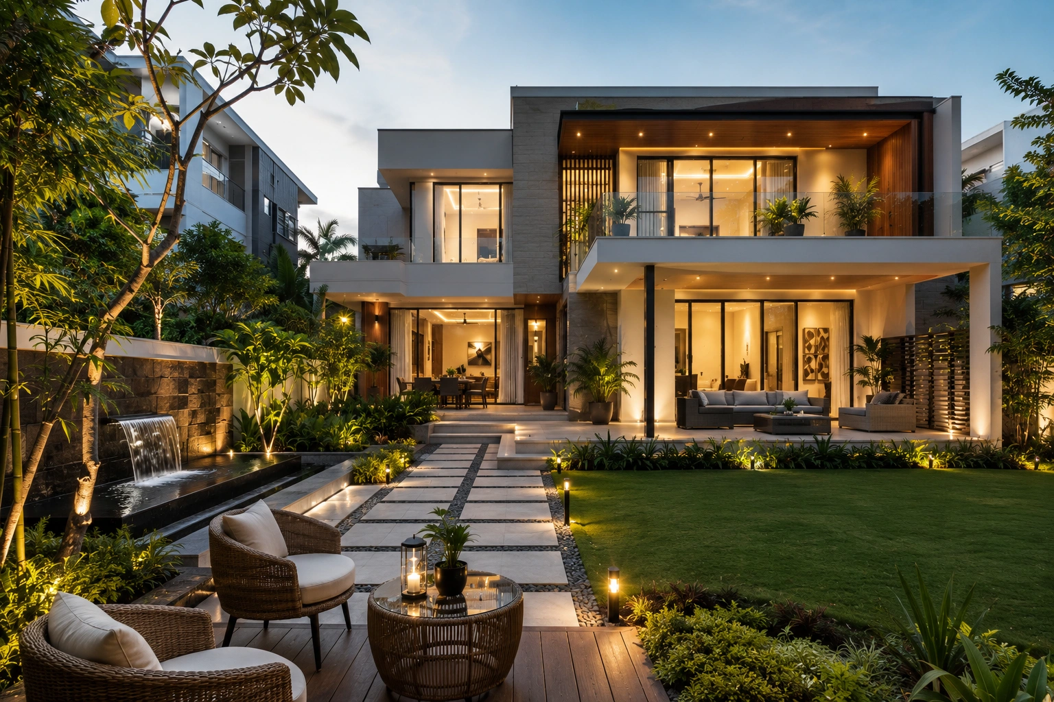 Luxury villa with landscaped garden and outdoor lounge in
                                    Bangalore